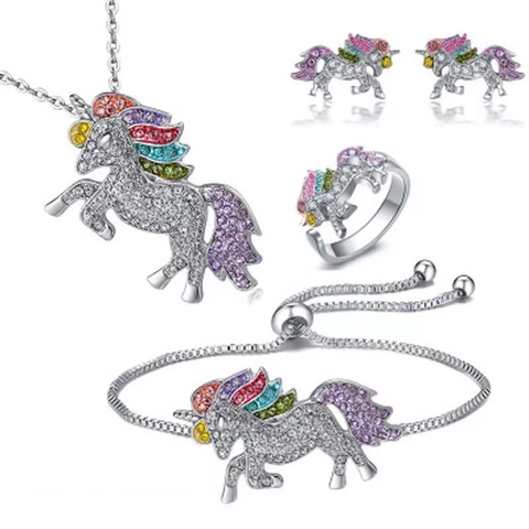 Fashion Alloy Multicolor Rhinestone Unicorn Jewelry Set Shiny Animal Crystal Necklace Bracelet Open Ring Earrings Set For Women Girls