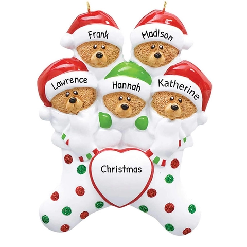 Decorazione di Natale in Resina Famiglia Orso Bruno Cappello di Babbo Natale Rosso Verde Base a Cuore Casa Albero Regalo