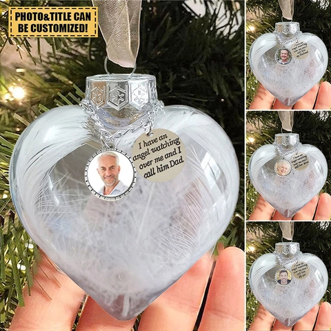 Gedenk Hart Bal Kerst Transparant Hangend Ornament Met Witte Veer En Legering Foto Frame Hanger Voor Festival Home Decor