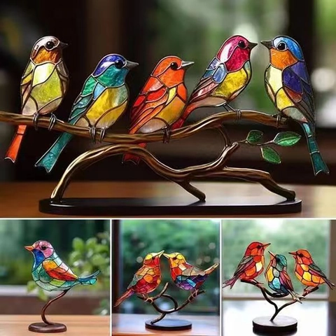 Stil Von Buntglas Acryl Vögel Desktop Ornamente 7 Vögel Auf Zweig Sitzend Moderne Kunst Skulptur Haus Büro Dekoration