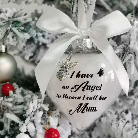 Palla di Natale Memorial a Forma di Cuore Con Piuma Bianca Fiocco in Raso Ciondolo Angelo in Metallo Decorazione da Appendere
