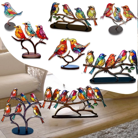 Ornamenti da Scrivania per Uccelli Multicolore in Stile Vetrata Statue Desktop di Animali in Acrilico su Ramo per Decorazione Casa Ufficio