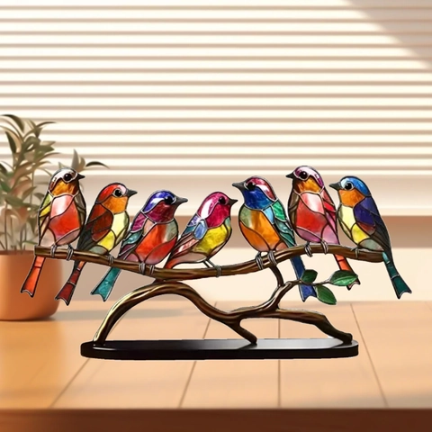 Stil Von Buntglas Acryl Vögel Desktop Ornamente 7 Vögel Auf Zweig Sitzend Moderne Kunst Skulptur Haus Büro Dekoration