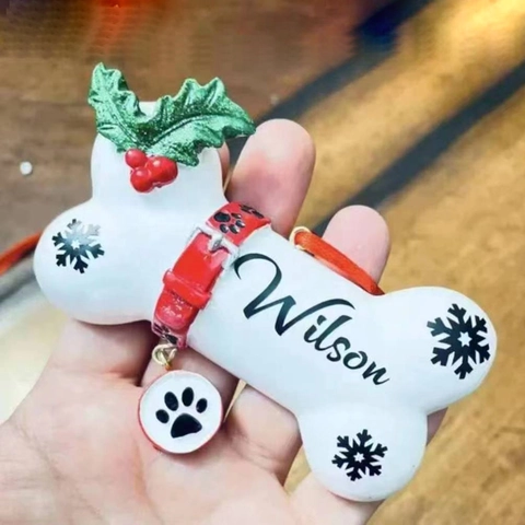 Ornamento Albero Natale Osso Cane Resina Dipinto a Mano Impronta Zampa Fiocco Neve Decorazione Appesa per Amanti Animali