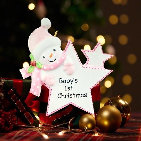 Baby's 1st Weihnachten Schneemann Stern Anhänger Harz Weihnachtsbaum Hängende Dekoration Gedenkgeschenk Rosa Blau