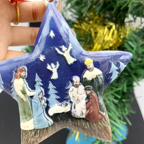 Christmas Star Resin Hanging Ornament Nativity Scene Painted Five-Pointed Star Festival Tree Decor Gift Religious Art Home Decor