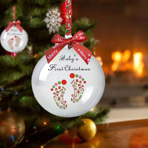 Bola Conmemorativa de la Primera Navidad del Bebé Adorno de Plástico Con Lazo Rojo para Decoración de Árbol