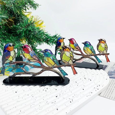 Buntglas-Stil Bunte Vögel Auf Ast Schreibtisch-Ornament Dekorativ Acryl Legierung Vogel Figur Home Office Dekor