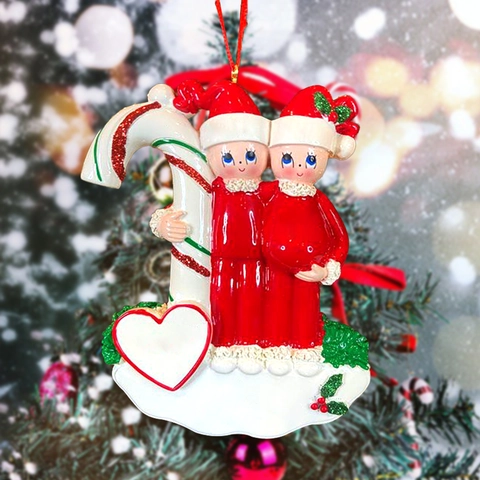 Resin Christmas Couple Ornament Parents-To-Be Xmas Tree Hanging Decor Painted Candy Cane Heart Shape Pendant Holiday Gift