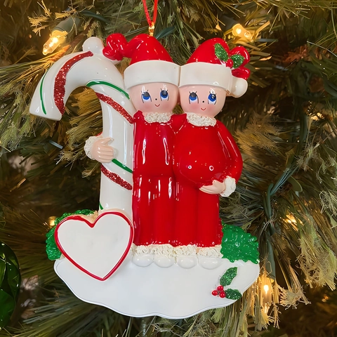 Resin Christmas Couple Ornament Parents-To-Be Xmas Tree Hanging Decor Painted Candy Cane Heart Shape Pendant Holiday Gift