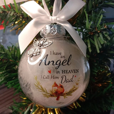 Boule de Noël Commémorative Transparente Avec Plume Blanche Nœud en Ruban Pendentif Ange en Métal Cadeau Commémoratif