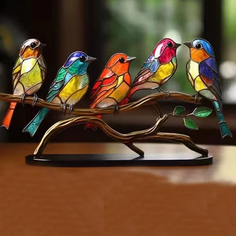 Buntglas-Stil Vögel Ornamente Auf Zweig Mehrfarbig Acryl Vogel Statuen Für Haus Büro Desktop Dekor Moderne Kunst Geschenk