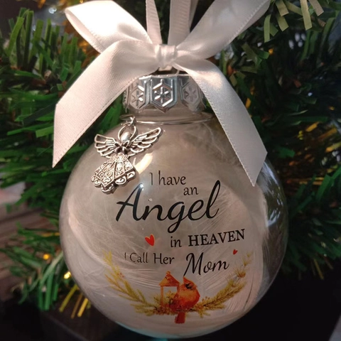 Boule de Noël Commémorative Transparente Avec Plume Blanche Nœud en Ruban Pendentif Ange en Métal Cadeau Commémoratif