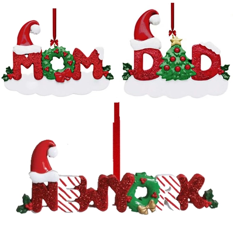 Resin Christmas Hanging Ornament With Glitter Santa Hat Tree Wreath Decoration For MOM DAD NEW YORK Holiday Home Decor