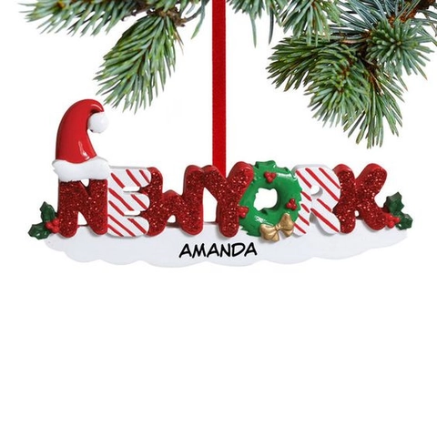 Resin Christmas Hanging Ornament With Glitter Santa Hat Tree Wreath Decoration For MOM DAD NEW YORK Holiday Home Decor