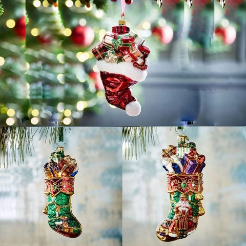 Resin Christmas Stocking Hanging Ornaments Filled With Gift Box Figurine For Christmas Tree Decor Festive Holiday Party Home Decoration