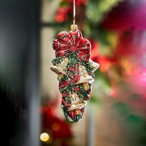 Adorno Colgante de Árbol de Navidad de Resina Con Campana Lazo de Cuadros Baya Aguja de Pino Decoración Navideña Regalo