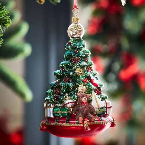 Weihnachtsbaumschmuck Kunstharz Grüner Baum Teddybär Rot Karierte Basis Glitzer Hängedekoration Für Weihnachtsfeier Zuhause