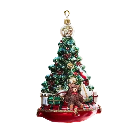 Weihnachtsbaumschmuck Kunstharz Grüner Baum Teddybär Rot Karierte Basis Glitzer Hängedekoration Für Weihnachtsfeier Zuhause