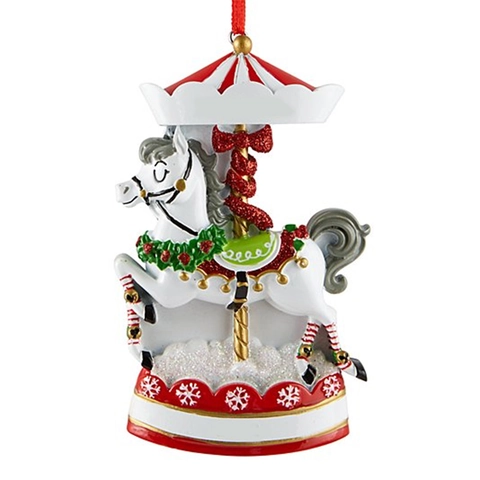 Ornamento Sospeso per Albero di Natale in Resina Giostra Cavallo Bianco Con Fiocco di Neve Strisce Decorazione Natalizia Regalo