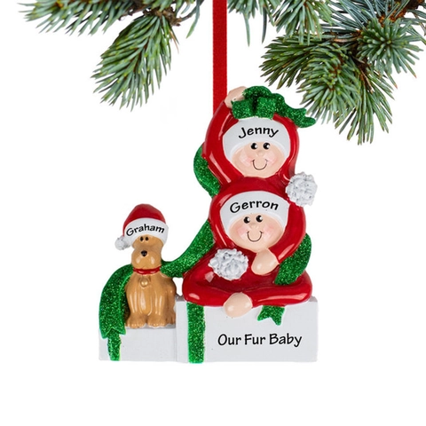 Ornamento Natalizio in Resina Coppia E Cane per Albero Decorazione Festiva per la Casa Dipinto a Mano Stampato Regalo