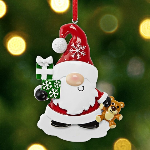 Weihnachten Weihnachtsmann Gnom Harz Anhänger Bedruckte Schneeflocke Roter Hut Mit Geschenkbox Teddybär Baumschmuck Deko