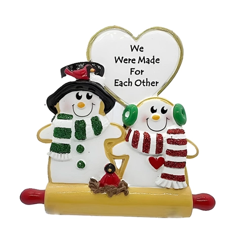 Couple de Bonhommes de Neige Cœur Ornement de Noël Résine Peint à la Main Pendentif Avec Base de Rouleau à Pâtisserie Cadeau