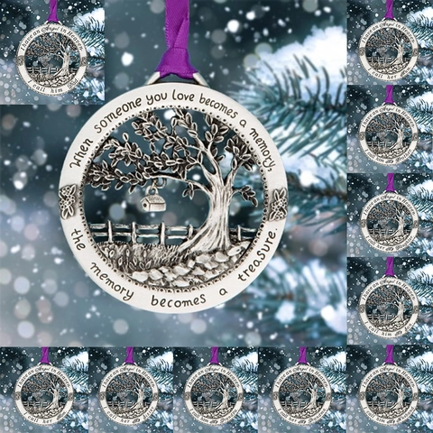 Árbol de la Vida Adorno Conmemorativo Colgante Con Cinta Púrpura Metal Plata Antigua Navidad Decoración Para Familia