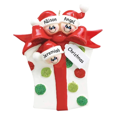 Decorazione Natalizia Sospesa in Resina Membri Famiglia Fiocco Rosso Pois Stile Scatola Regalo Addobbo Albero Festivo