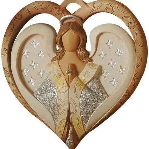 Vintage Resin Praying Angel Heart Hanging Ornament With Silver Glitter Stars For Christmas Home Party Decoration Gift