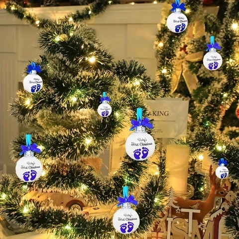Blauer Fußabdruck Baby's Erstes Weihnachten Tannenbaum Anhänger Kugel Schleife Band Feiertag Dekoration Party Zubehör