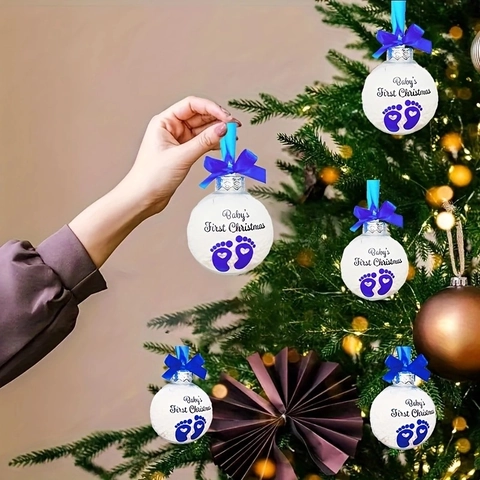 Palla Appesa per Albero di Natale Baby's First Christmas Impronta Blu Con Fiocco Nastro Decorazione Natalizia Festa