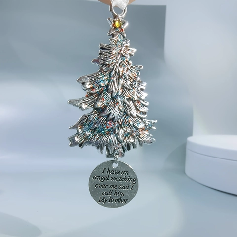 Decorazione Appesa Albero di Natale Commemorativa Lega Brillantini Angelo Custode Targhetta Incisa Regalo Natalizio