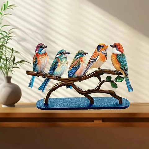 Uccelli in Acrilico Ramo Ornamento da Scrivania Colorato Stile Europeo Figurine di Animali Stampato Decorazione Tavolo Casa Ufficio