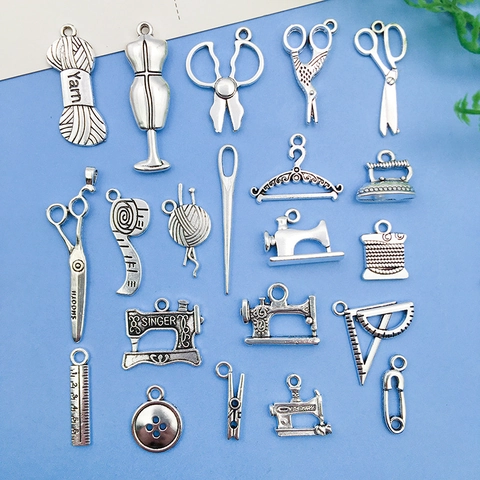 Vintage Zinc Alloy Sewing Theme Charms For DIY Jewelry Making Antique Silver Scissors Sewing Machine Mannequin Hanger Pendants