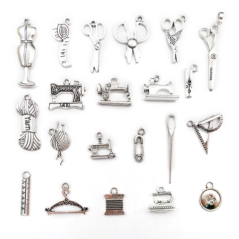 Vintage Zinc Alloy Sewing Theme Charms For DIY Jewelry Making Antique Silver Scissors Sewing Machine Mannequin Hanger Pendants