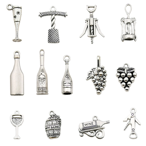 Vintage Antique Silver Wine Charms Zinc Alloy Red Wine Bottle Grape Glass Opener Pendants For DIY Jewelry Making Accessories