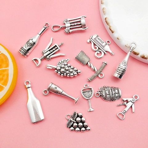 Vintage Antique Silver Wine Charms Zinc Alloy Red Wine Bottle Grape Glass Opener Pendants For DIY Jewelry Making Accessories