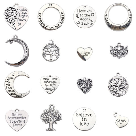 Antique Silver Alloy Mother's Day Charms Pendants DIY Jewelry Making Heart Moon Tree Of Life Engraved Sentiment Pendants For Bracelets Necklaces