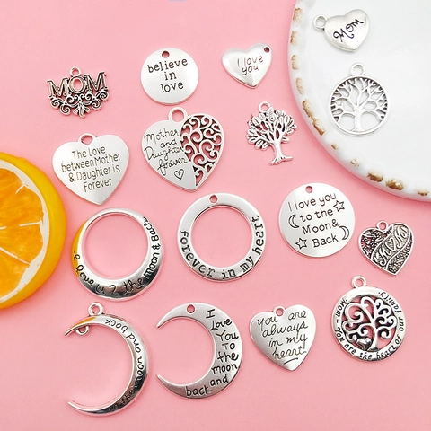 Antique Silver Alloy Mother's Day Charms Pendants DIY Jewelry Making Heart Moon Tree Of Life Engraved Sentiment Pendants For Bracelets Necklaces