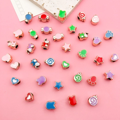 Alloy Enamel Large Hole Beads Cartoon Rabbit Lollipop Elephant Star Heart Spacer Beads For DIY Bracelet Jewelry Making Findings