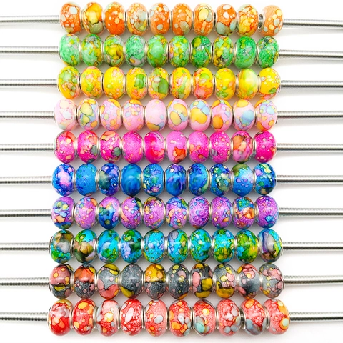 Ink Painted Resin Beads For DIY Jewelry Making Colorful Large Hole Marble Texture Charms Alloy Core Round Spacer Beads