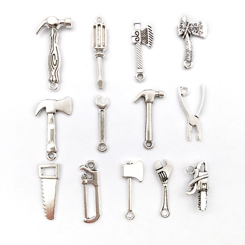 Vintage Zinc Alloy Miniature Tool Pendants For DIY Jewelry Making Antique Silver Hammer Axe Wrench Charms Accessories
