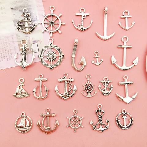 Pendenti Vintage in Lega di Zinco Argento Antico Ciondoli Nautici per Fai da Te Gioielli Ancora Timone Bussola Accessori