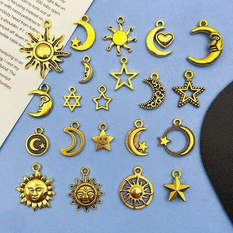 Zinc Alloy Antique Gold Celestial Charms Hollow Sun Moon Star Pendants For DIY Necklace Earring Jewelry Making Accessories