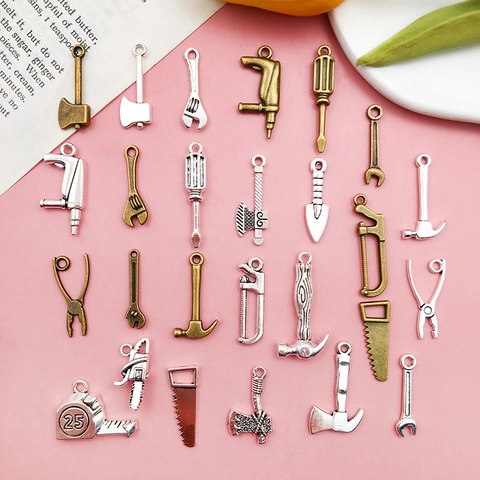 Vintage Zinc Alloy Hardware Tool Pendants For DIY Jewelry Making Hammer Wrench Screwdriver Saw Charms Unisex Accessories