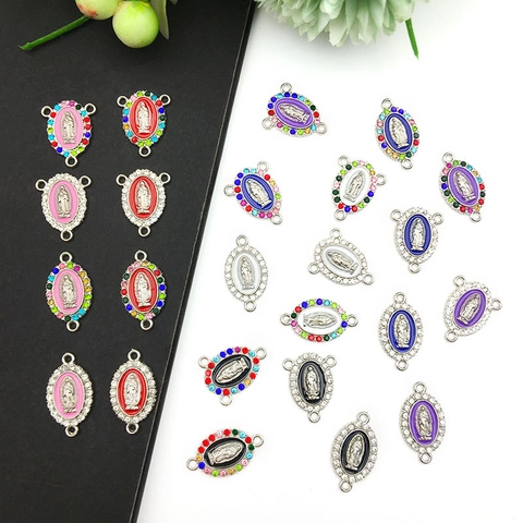 Pendentifs Religieux Vierge Marie Ovale en Alliage Strass Émail Connecteur Madone pour la Fabrication de Bijoux DIY