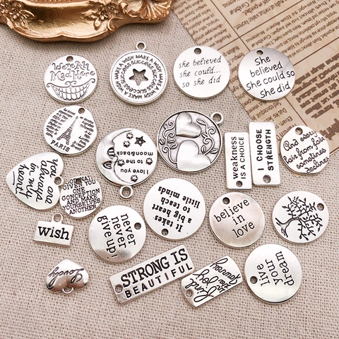 Vintage Zinc Alloy Alphabet Tag Pendant Antique Silver Inspirational Quote DIY Jewelry Making Accessorie For Necklace