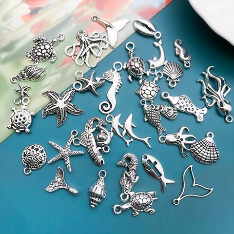 Vintage Marine Theme Zinc Alloy Charms Mix Sea Turtle Starfish Mermaid Shell Pendants For DIY Bracelet Necklace Jewelry Making