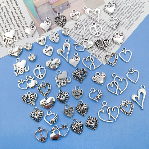 Alloy Heart Pendants For DIY Jewelry Making Antique Silver Tone Love Letter Wings Peace Charms For Necklace Bracelet Craft Accessory